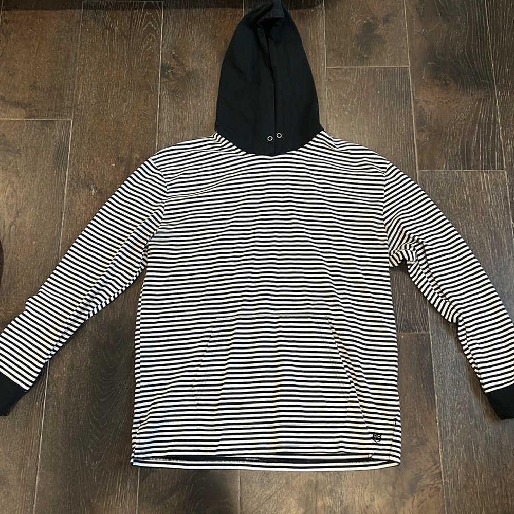 Zine hoodie. Mens L. Black and white stripe.